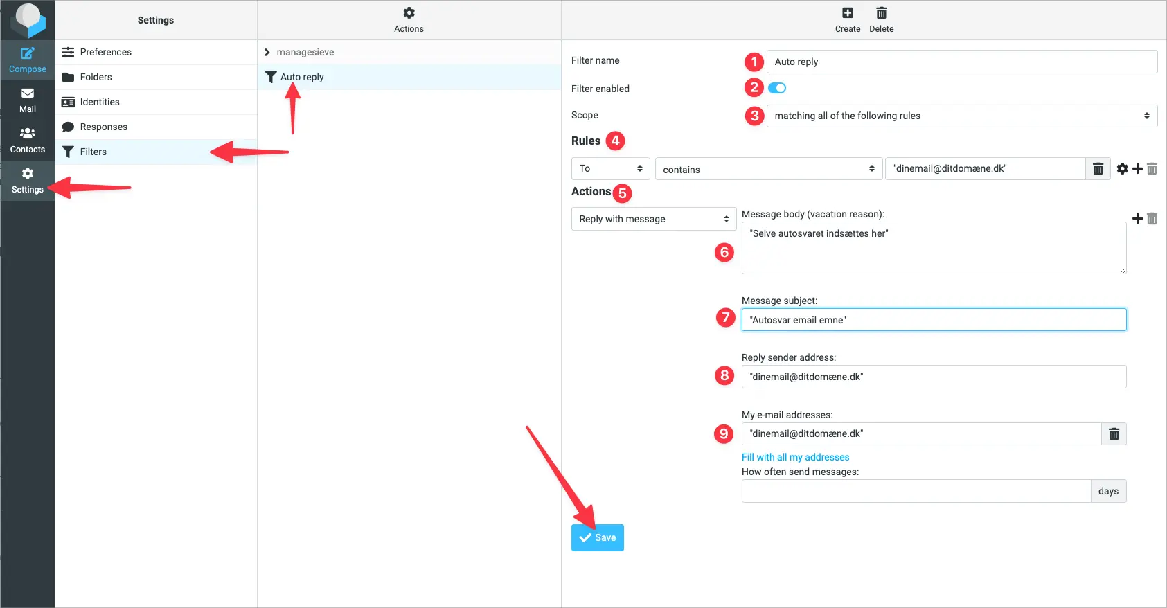 Opsæt autosvar i Roundcube email klient